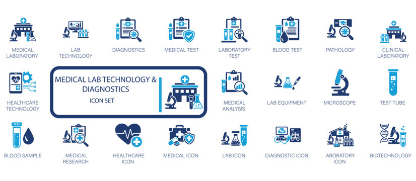 medical lab technology and diagnostics icon set featuring laboratory test, blood analysis, pathology, and biotech symbols. modern blue flat vector for healthcare.
