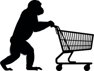 Monkey Silhouette Pushing Shopping Cart Isolated on White Background for Retail Concepts
