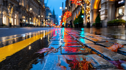 Festive City Street with Glowing Lights and Wet Pavement, Minimalist Night Photography