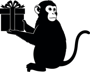 Silhouette Monkey Holding Gift Box Vector Isolated for Holiday Greeting Card Design
