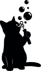 Playful Cat Silhouette Blowing Soap Bubbles Vector Illustration for Pet Designs