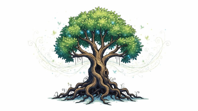 Magnificent fantasy illustration of an ancient, magical Tree of Life with a gnarled trunk, sprawling roots, and glowing lights.