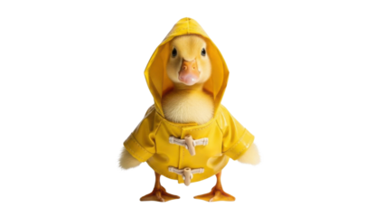 Adorable Plush Duckling Toy Wearing a Bright Yellow Hooded Raincoat isolated PNG with Transparent Background