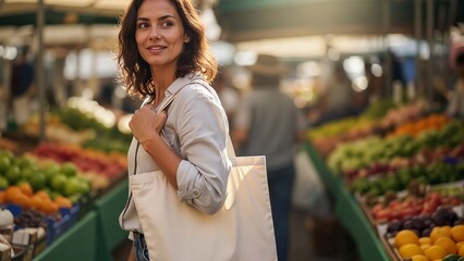 Young woman smiling while shopping for fresh produce at market - Concept of color of the year, ecology, natural fabrics, healthy eating  