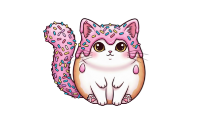 Cute Cartoon Donut Cat Illustration with Pink Icing and Colorful Sprinkles isolated PNG with Transparent Background