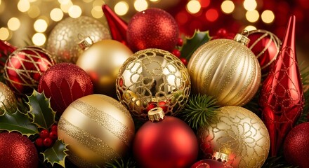 A vibrant collection of shimmering gold and deep red festive baubles intertwined with evergreen foliage, creating a joyful holiday display with sparkling bokeh lights