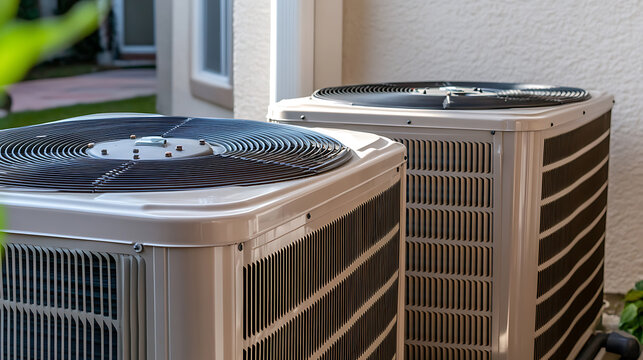 Outdoor AC condensers provide climate control for a home. The focus is on two units next to each other. The image provides a close-up view of the air conditioning system.