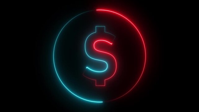 Glowing neon dollar icon animation on black background ,Neon glowing dollar symbol concept with neon circle.