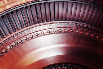 Turbine generator rotor with blades and discs, interior view.