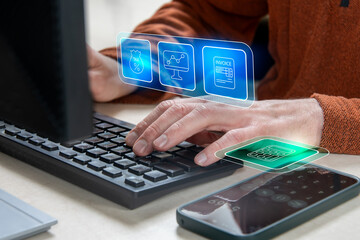 Hands Using Computer And Smartphone With Digital Accounting Interface Showing Small Business Bookkeeping Tax Calculation Invoice Management Income Analysis Cash Flow Control And Financial Reporting