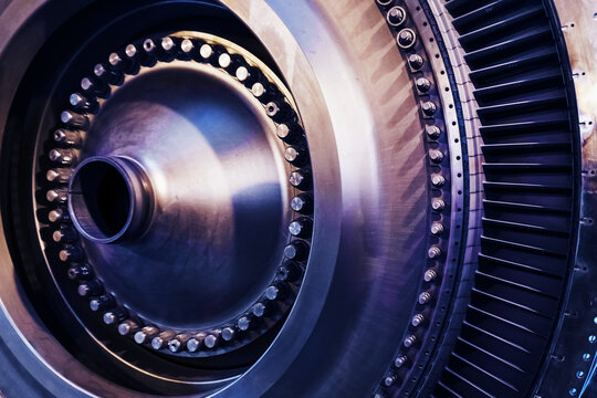 A rotor disc with blades of a turbojet gas turbine engine, inside view.