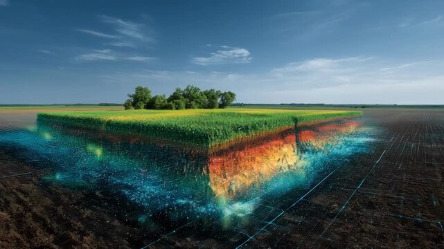 AIenhanced digital twin soil analysis captures realtime moisture changes and nutrient distribution providing predictive insights for precision agriculture and land management.