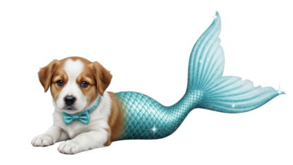 Cute Puppy with Turquoise Mermaid Tail and Blue Bow Tie, Isolated Fantasy Illustration isolated PNG with Transparent Background