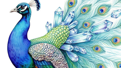 Vibrant blue and turquoise Peacock illustration adorned with large clear crystals on tail feathers isolated PNG with Transparent Background