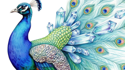 Vibrant blue and turquoise Peacock illustration adorned with large clear crystals on tail feathers isolated PNG with Transparent Background