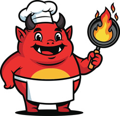 Smiling red devil chef cooking with fiery pan and apron on