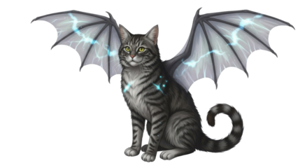 Isolated Fantasy Illustration of a Striped Tabby Cat with Electric Bat Wings isolated PNG with Transparent Background