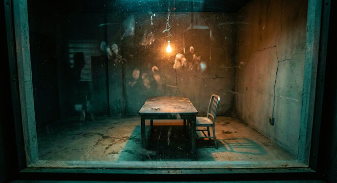 Dark Grimy Interrogation Room with Single Hanging Light Bulb