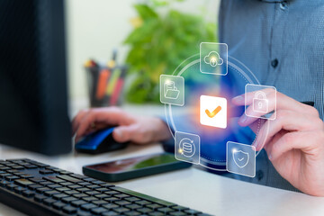 Business Data Protection Compliance Interface Showing Secure Backup, Encryption, Access Control, Cloud Storage And Corporate Information Security Management. Smart Business Secure Data Maintenance