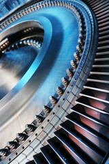 A rotor disc with blades of a turbojet gas turbine engine, inside view.