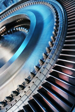A rotor disc with blades of a turbojet gas turbine engine, inside view.