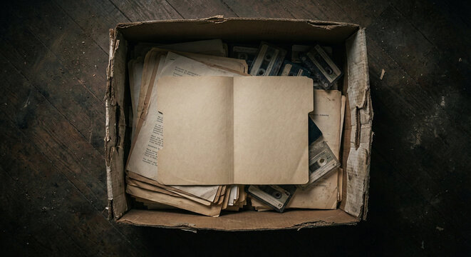 Open Cardboard Box Filled with Old Files and Cassettes