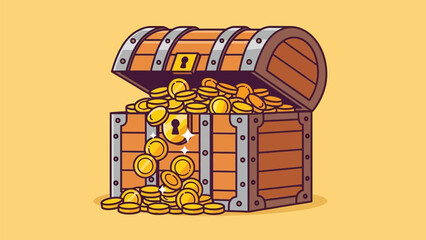 Treasure chest overflowing with gold coins on yellow background
