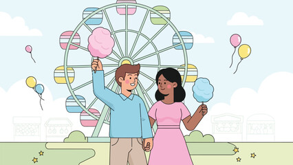 Happy couple enjoying cotton candy at a colorful carnival