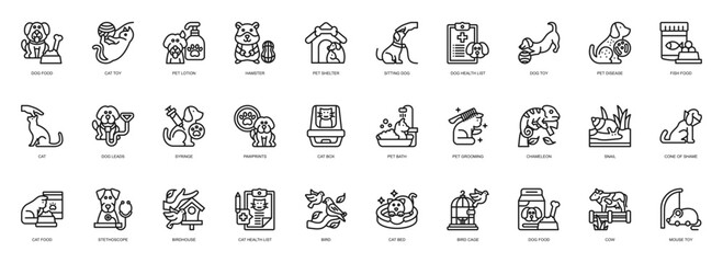 Pet Shop icon collection line style. containing Dog Food, Cat Toy, Pet Lotion, Hamster, Pet Shelter, Sitting, Dog, Pet Disease