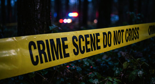 Yellow Crime Scene Tape Blocking Dark Forest Road at Night