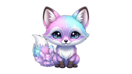 Fototapeta premium Adorable Chibi Fantasy Fox Character isolated with Pastel Glitter and Crystal Tail isolated PNG with Transparent Background