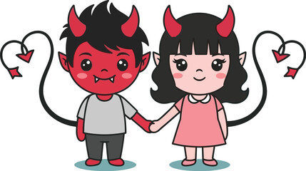 Cute devil couple holding hands with heart shaped tails