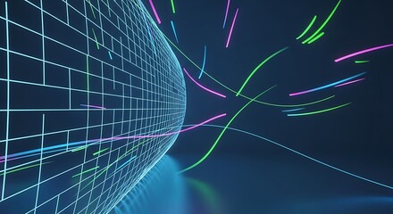 Glowing Neon Grid Sphere and Abstract Light Trails on Dark Blue Background Keywords: abstract