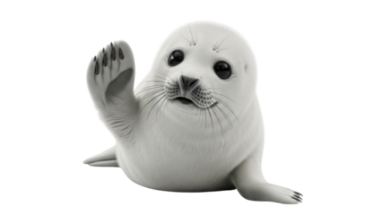 Cute Baby White Harp Seal Pup Waving Flipper and Looking Friendly isolated PNG with Transparent Background