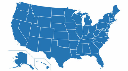 Complete USA Vector Map with All 50 States Including Alaska and Hawaii in Blue Outline for Educational, Geographic, and Informational Graphic Design Illustration Use