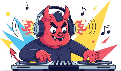 Cartoon devil DJ spinning tracks with headphones on turntables