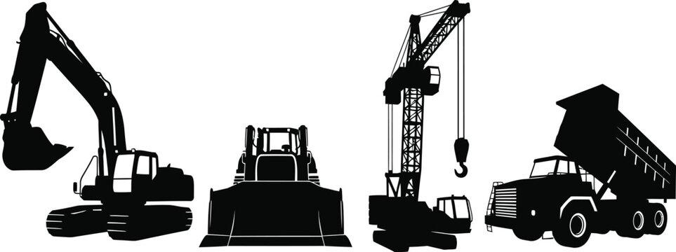 Set of 4 heavy machinery silhouettes excavator bulldozer crane and dump truck