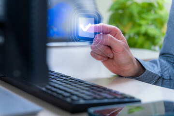 Approval Checkmark Confirmation To Verify Compliance Workflow, Task Complete, Quality Control For Business Processes, Acceptance Testing And Job Done, Mission Accomplished