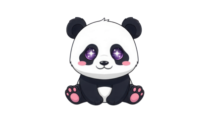 Cute Baby Panda Cartoon Illustration with Sparkling Purple Eyes and Pink Paws isolated PNG with Transparent Background