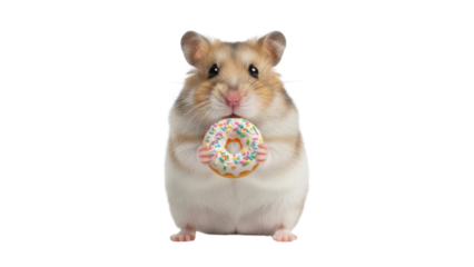 Fluffy Syrian hamster standing and holding a tiny miniature donut with colorful sprinkles isolated PNG with Transparent Background