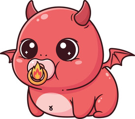 Cute cartoon devil with pacifier and horns on white background