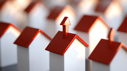 Rising home values concept with white houses and a red roof.  The focal point is a house with an upward-pointing arrow on its roof, signifying growth. Modern real estate market.
