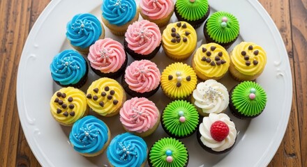 A colorful assortment of cupcakes with various frostings on a white plate, dessert display