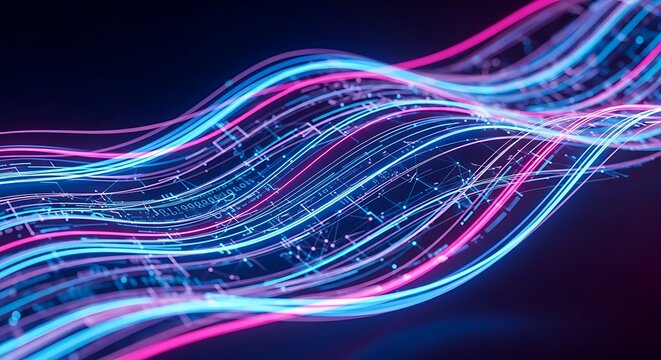 Wavy lines of neon blue and pink light forming a digital data stream over a dark grid