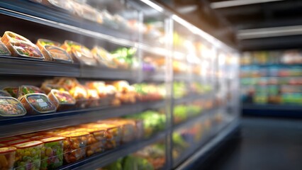 Fototapeta premium Fresh high-quality ready-to-eat meals are neatly packaged in clean beautiful boxes, perfectly arranged in a modern supermarket refrigerated display for ultimate consumer convenience.
