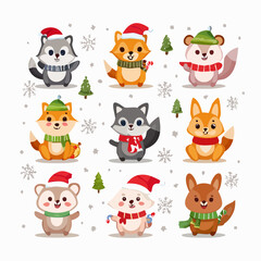 Obraz premium Christmas woodland animals. Vector illustration of squirrels, raccoons, and foxes in winter clothes. Cartoon forest creatures. Holiday characters with hats and scarves. White background.