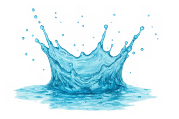 Blue water splash crown shape creating ripple effect and falling droplets, clean refreshing liquid on transparent background