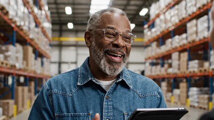 Smiling senior logistics professional discusses operational strategies and stock flow with a colleague, ensuring efficient warehouse management in a busy distribution center