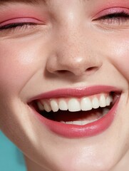 Naklejka premium happy teen girl face with dental healthy wide smile and trendy pink makeup laughing isolated on blue background white perfect teeth dentistry and skin care teenage cosmetic concept close up view no l