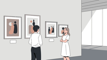 Couple enjoying modern art exhibition in gallery with abstract paintings